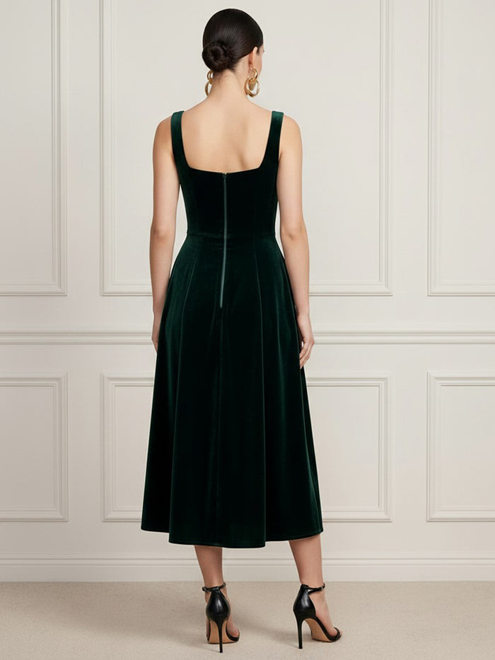 Velvet A-Line Square Neck Cocktail Dresses with Contrast Burgundy Bows At Waist Sides