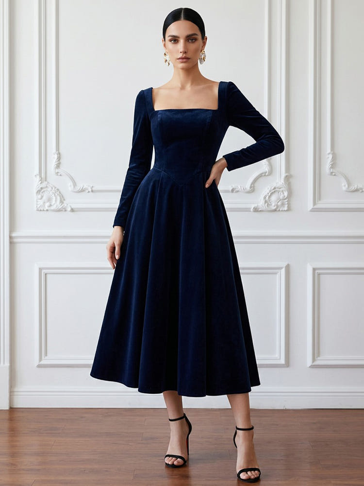 Velvet A-Line Square Neck Cocktail Dresses with Elegant Full‑Length Long Sleeves