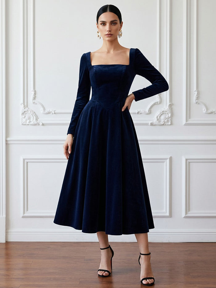 Velvet A-Line Square Neck Cocktail Dresses with Elegant Full‑Length Long Sleeves