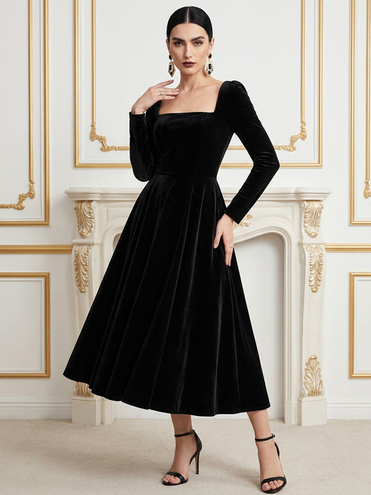 Velvet A-Line Square Neck Cocktail Dresses with Elegant Full‑Length Long Sleeves