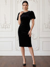 Velvet Bodycon Crew Neck Cocktail Dresses with Chic Short Puff Bubble Sleeves