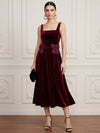 Velvet A-Line Square Neck Cocktail Dresses with Contrast Burgundy Bows At Waist Sides
