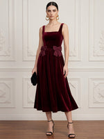 Velvet A-Line Square Neck Cocktail Dresses with Contrast Burgundy Bows At Waist Sides