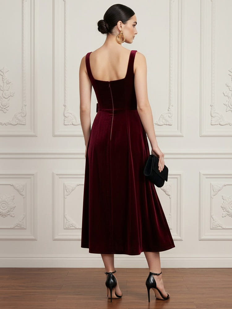 Velvet A-Line Square Neck Cocktail Dresses with Contrast Burgundy Bows At Waist Sides