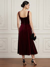 Velvet A-Line Square Neck Cocktail Dresses with Contrast Burgundy Bows At Waist Sides