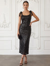 Sequin Sheath Square Neck Cocktail Dresses with Velvet Bow Tie Shoulder Straps