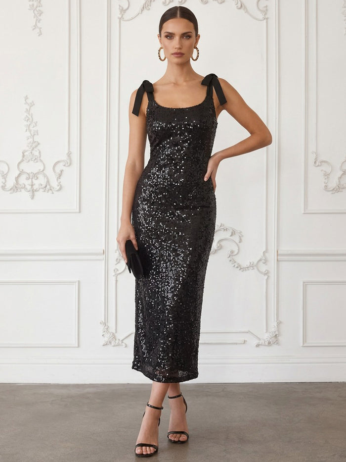 Sequin Sheath Square Neck Cocktail Dresses with Velvet Bow Tie Shoulder Straps