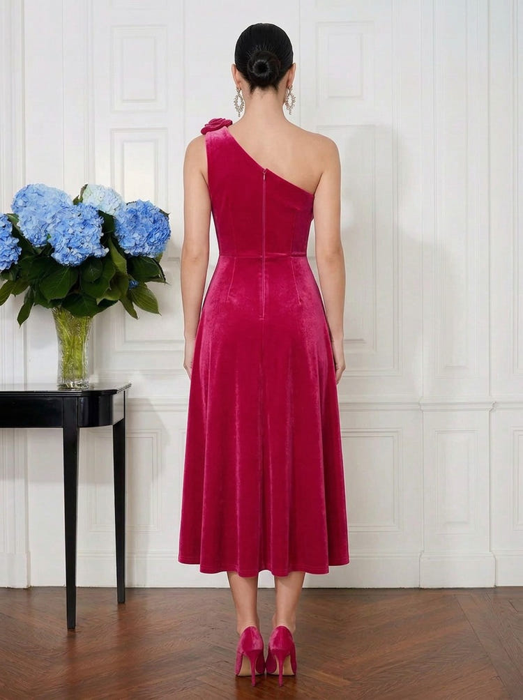Velvet A-Line One Shoulder Cocktail Dresses with 3D Flowers