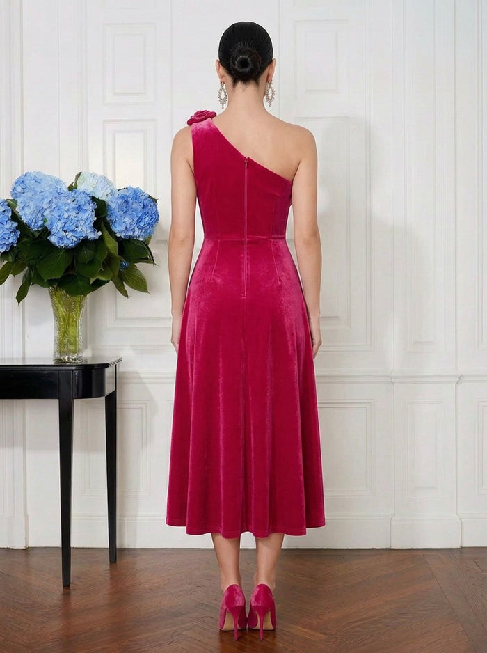 Velvet A-Line One Shoulder Cocktail Dresses with 3D Flowers
