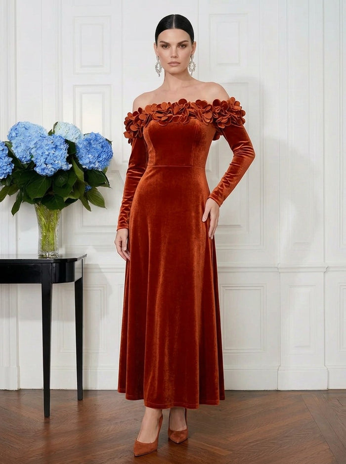 Velvet A-Line Off Shoulder Cocktail Dresses with 3D Flowers