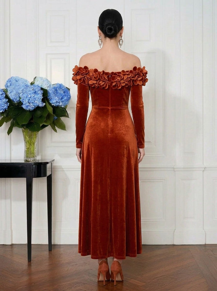 Velvet A-Line Off Shoulder Cocktail Dresses with 3D Flowers