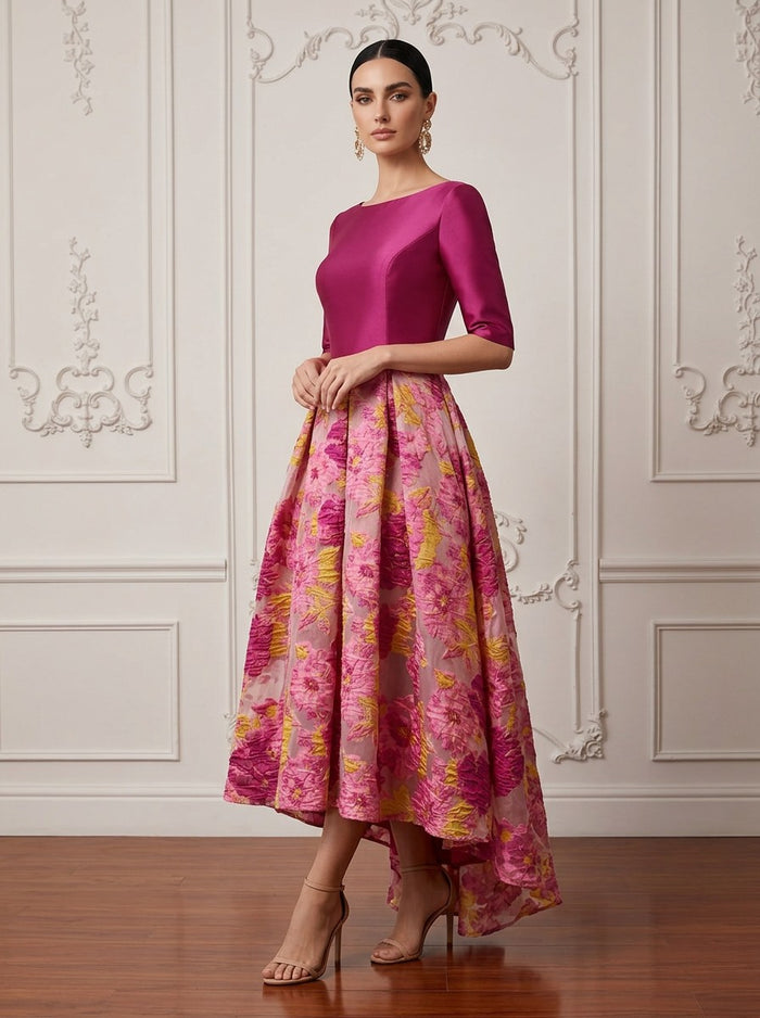 Jacquard A-Line Boat Neck Cocktail Dresses with Floral