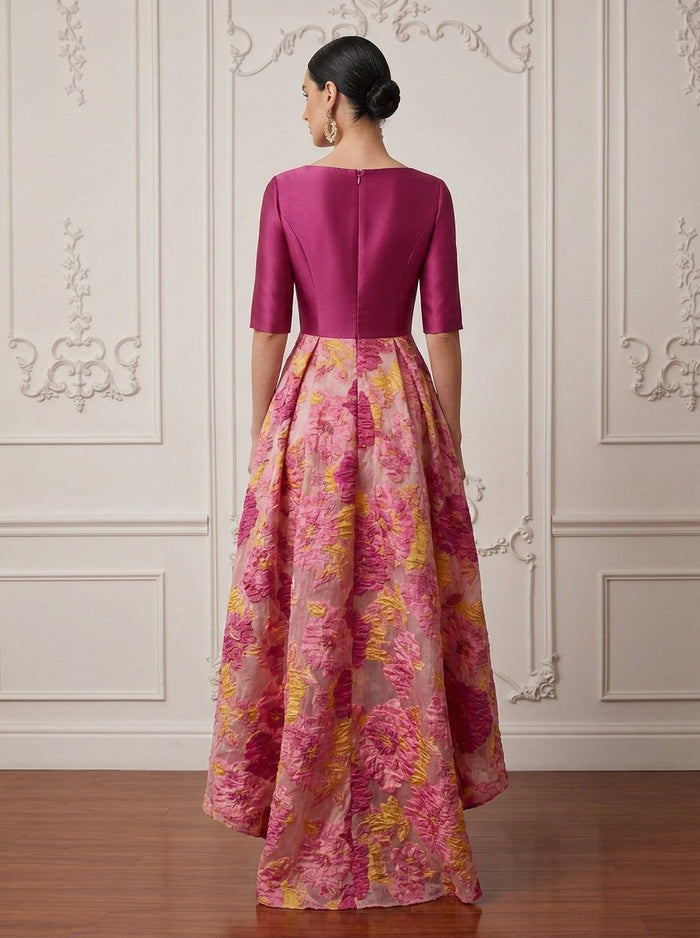 Jacquard A-Line Boat Neck Cocktail Dresses with Floral