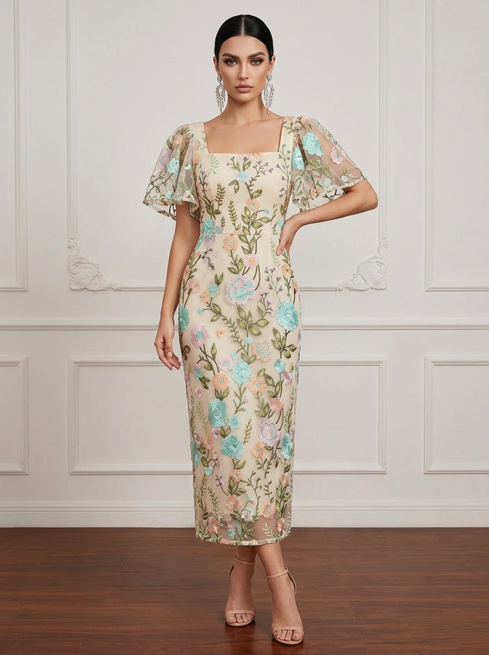 3D Flower Lace Sheath Square Neck Cocktail Dresses with Slit