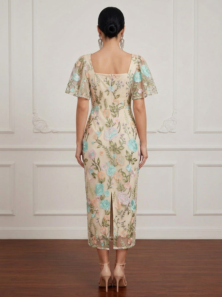 3D Flower Lace Sheath Square Neck Cocktail Dresses with Slit