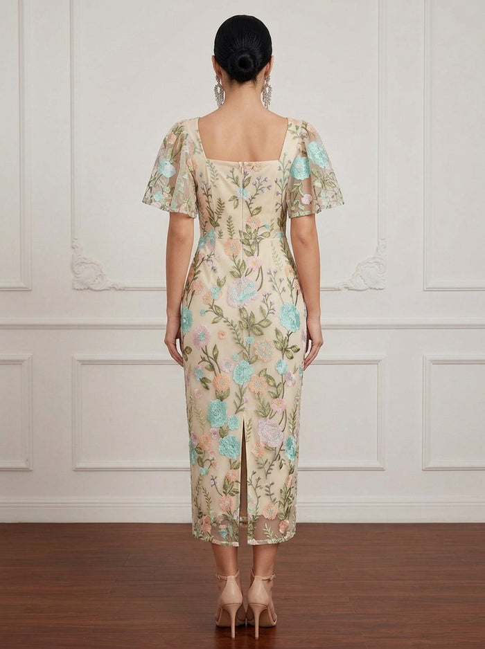 3D Flower Lace Sheath Square Neck Cocktail Dresses with Slit