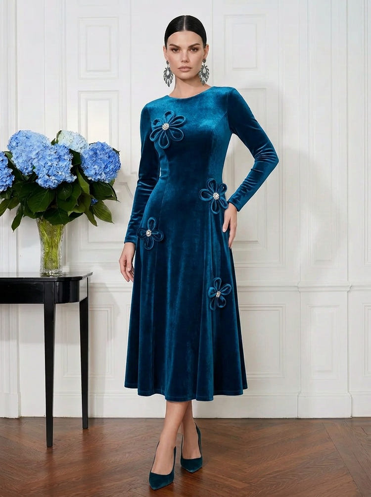 Velvet A-Line Crew Neck Cocktail Dresses with 3D Flowers