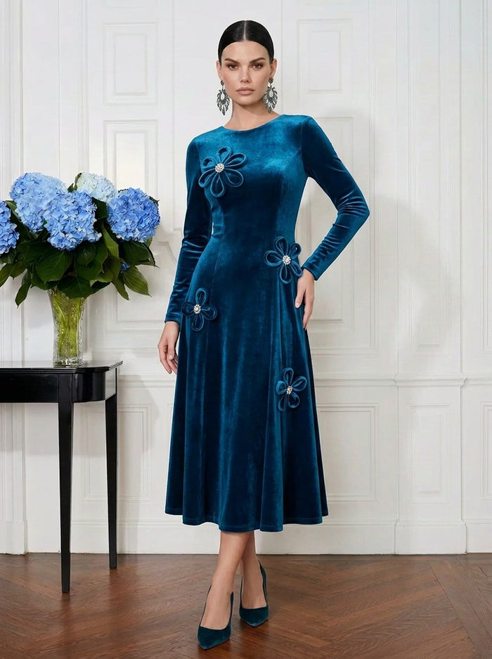 Velvet A-Line Crew Neck Cocktail Dresses with 3D Flowers