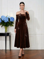 Velvet A-Line Off Shoulder Cocktail Dresses with 3D Flowers