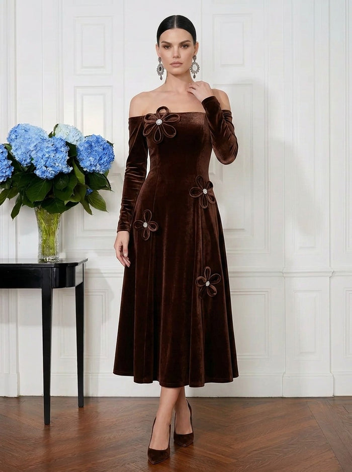 Velvet A-Line Off Shoulder Cocktail Dresses with 3D Flowers