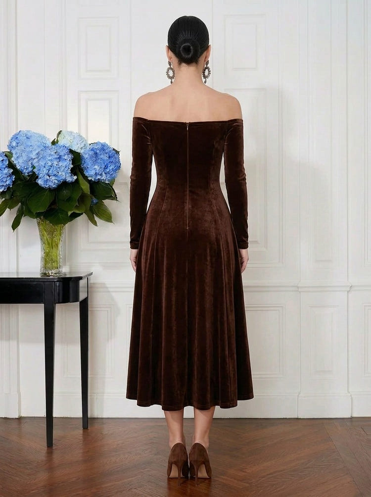 Velvet A-Line Off Shoulder Cocktail Dresses with 3D Flowers
