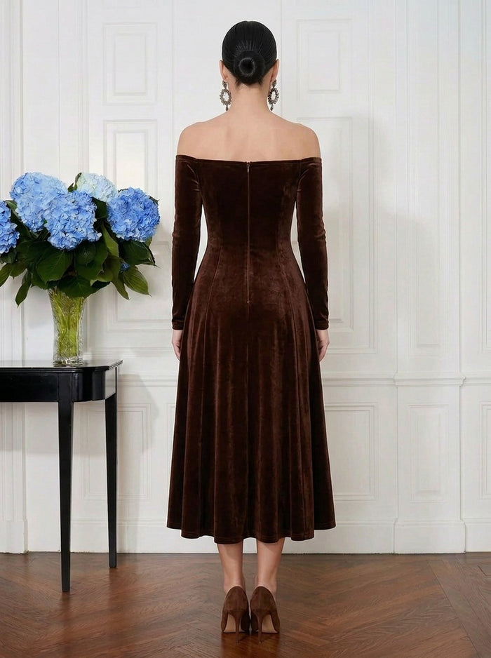 Velvet A-Line Off Shoulder Cocktail Dresses with 3D Flowers