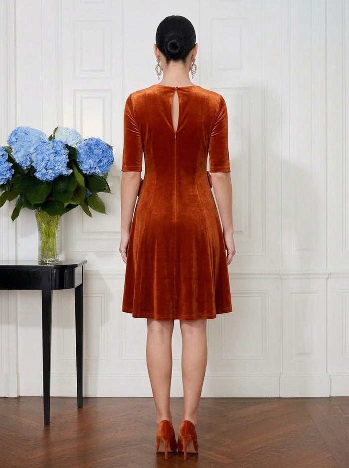 Velvet A-Line Crew Neck Cocktail Dresses with 3D Flowers