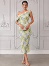 Mesh Sheath One Shoulder Midi Cocktail Dresses with 3D Flower Appliques