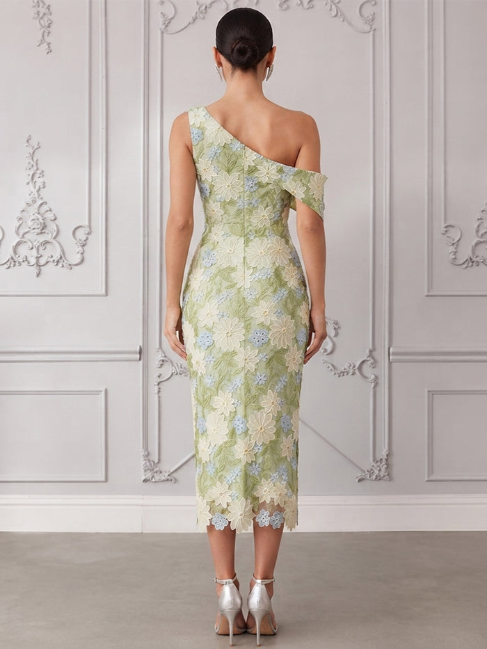 Mesh Sheath One Shoulder Midi Cocktail Dresses with 3D Flower Appliques