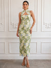 Mesh Sheath Stand Collar Midi Cocktail Dresses with 3D Flower Appliques