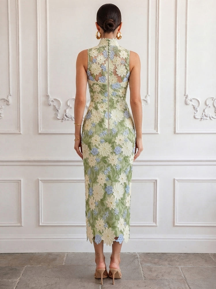 Mesh Sheath Stand Collar Midi Cocktail Dresses with 3D Flower Appliques