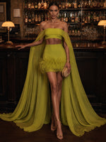 Chiffon Bodycon Strapless Maxi Cocktail Dresses with Sheer Chiffon Flowing Cape