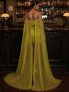 Chiffon Bodycon Strapless Maxi Cocktail Dresses with Sheer Chiffon Flowing Cape