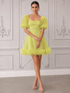 Mesh A-Line Square Neck Mini Cocktail Dresses with Natural Feather Fringe Hem