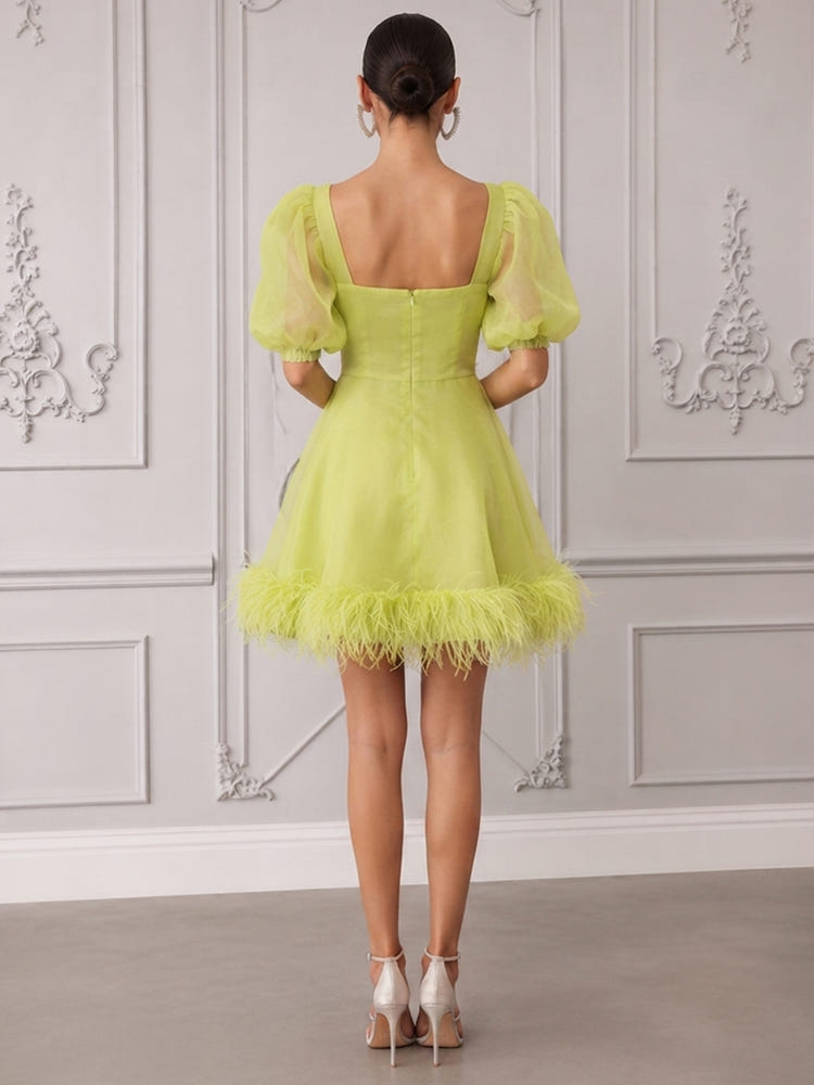 Mesh A-Line Square Neck Mini Cocktail Dresses with Natural Feather Fringe Hem