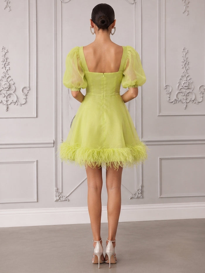 Mesh A-Line Square Neck Mini Cocktail Dresses with Natural Feather Fringe Hem