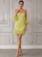 Satin Sheath Sweetheart Mini Cocktail Dresses with Natural Feather Fringe Hem