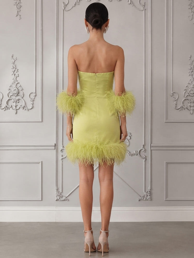 Satin Sheath Sweetheart Mini Cocktail Dresses with Natural Feather Fringe Hem