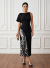 Jersey Sheath Boat Neck Midi Cocktail Dresses with Sequin
