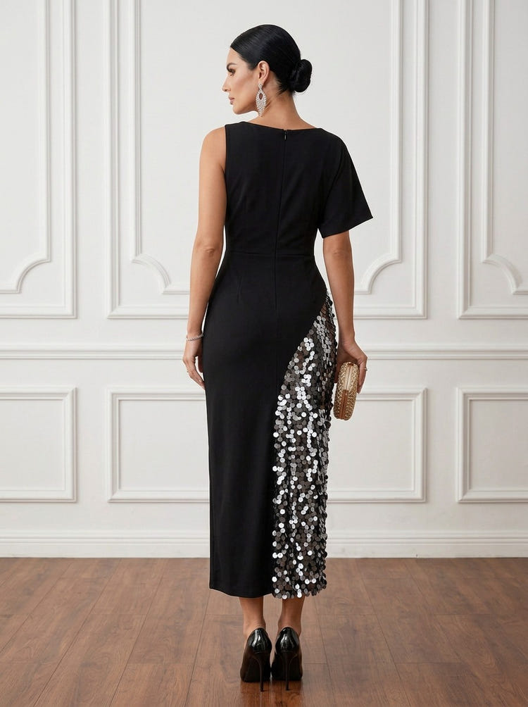Jersey Sheath Boat Neck Midi Cocktail Dresses with Sequin