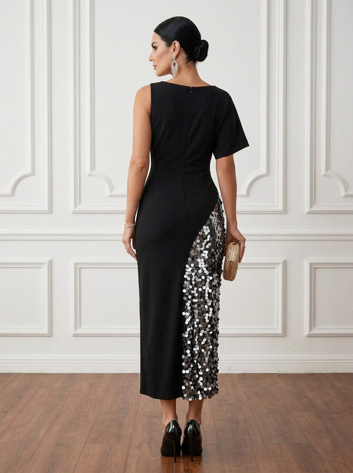Jersey Sheath Boat Neck Midi Cocktail Dresses with Sequin