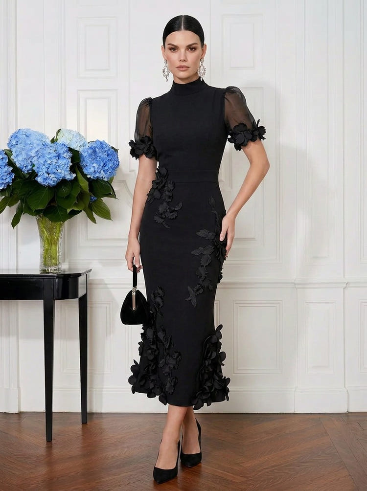 Jersey Mermaid High Neck Midi Cocktail Dresses with 3D Flowers