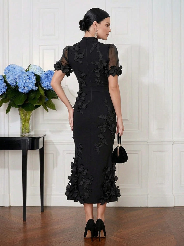 Jersey Mermaid High Neck Midi Cocktail Dresses with 3D Flowers