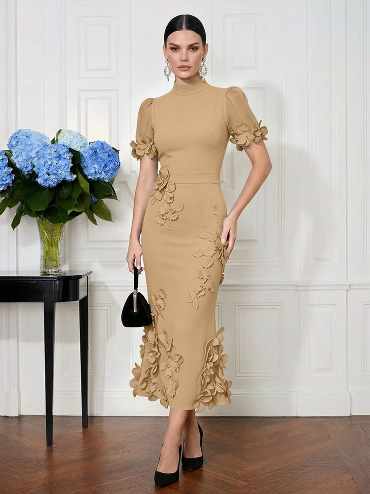 Jersey Mermaid High Neck Midi Cocktail Dresses with 3D Flowers
