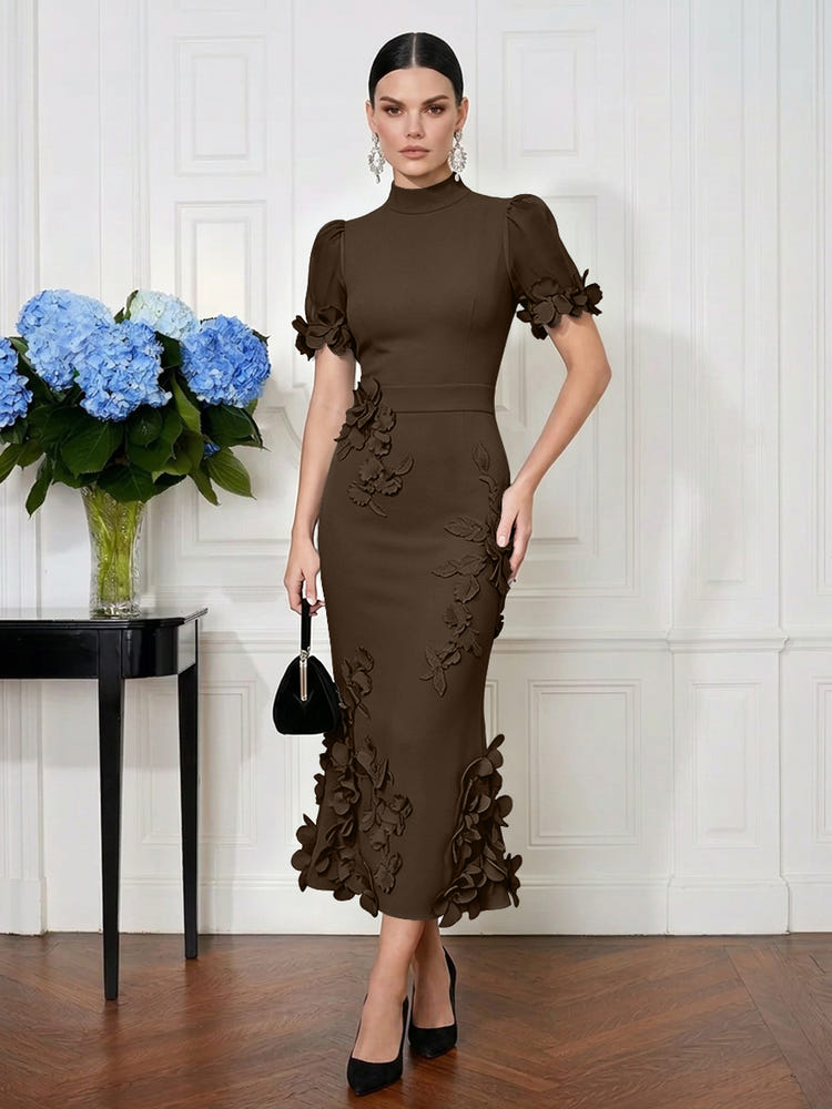 Jersey Mermaid High Neck Midi Cocktail Dresses with 3D Flowers