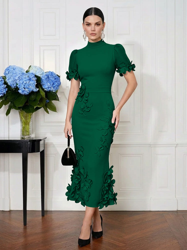 Jersey Mermaid High Neck Midi Cocktail Dresses with 3D Flowers