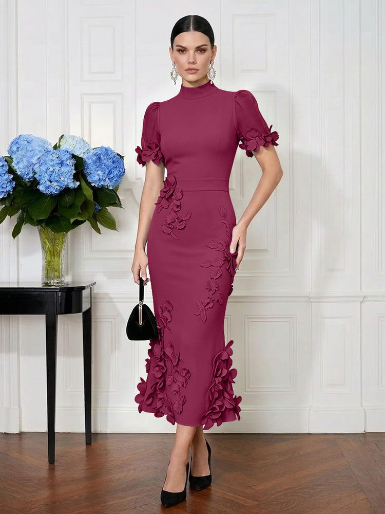 Jersey Mermaid High Neck Midi Cocktail Dresses with 3D Flowers