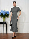 Jersey Mermaid High Neck Midi Cocktail Dresses with 3D Flowers