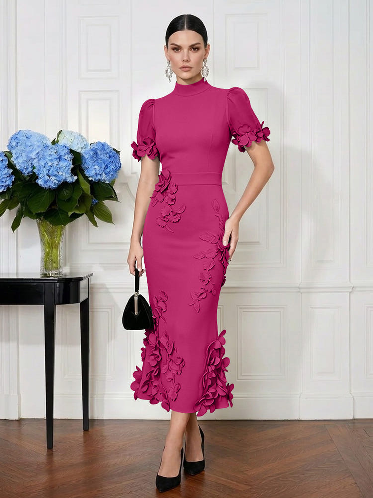 Jersey Mermaid High Neck Midi Cocktail Dresses with 3D Flowers