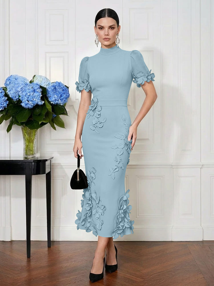 Jersey Mermaid High Neck Midi Cocktail Dresses with 3D Flowers